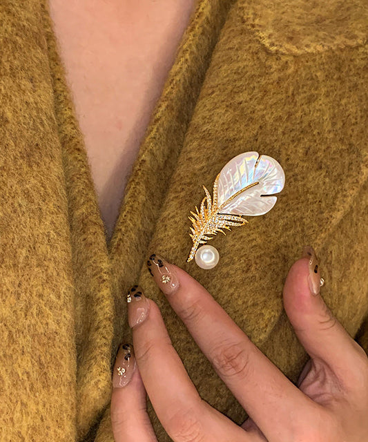 Modern Golden Feather Shape Pearl Fine Zircon Women Brooch