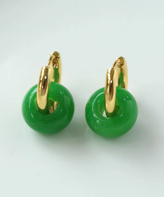 Modern Green Copper Overgild Jade Hoop Earrings