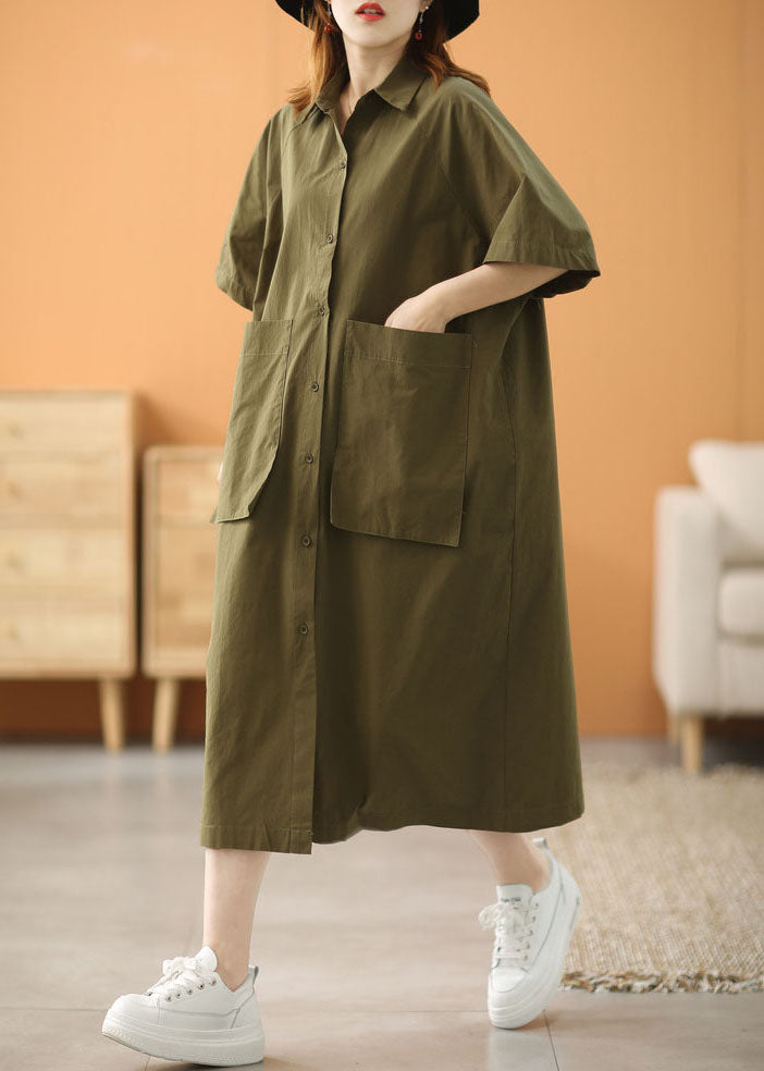 Modern Green Peter Pan Collar Oversized Big Pockets Cotton Loose Shirt Dress Short Sleeve