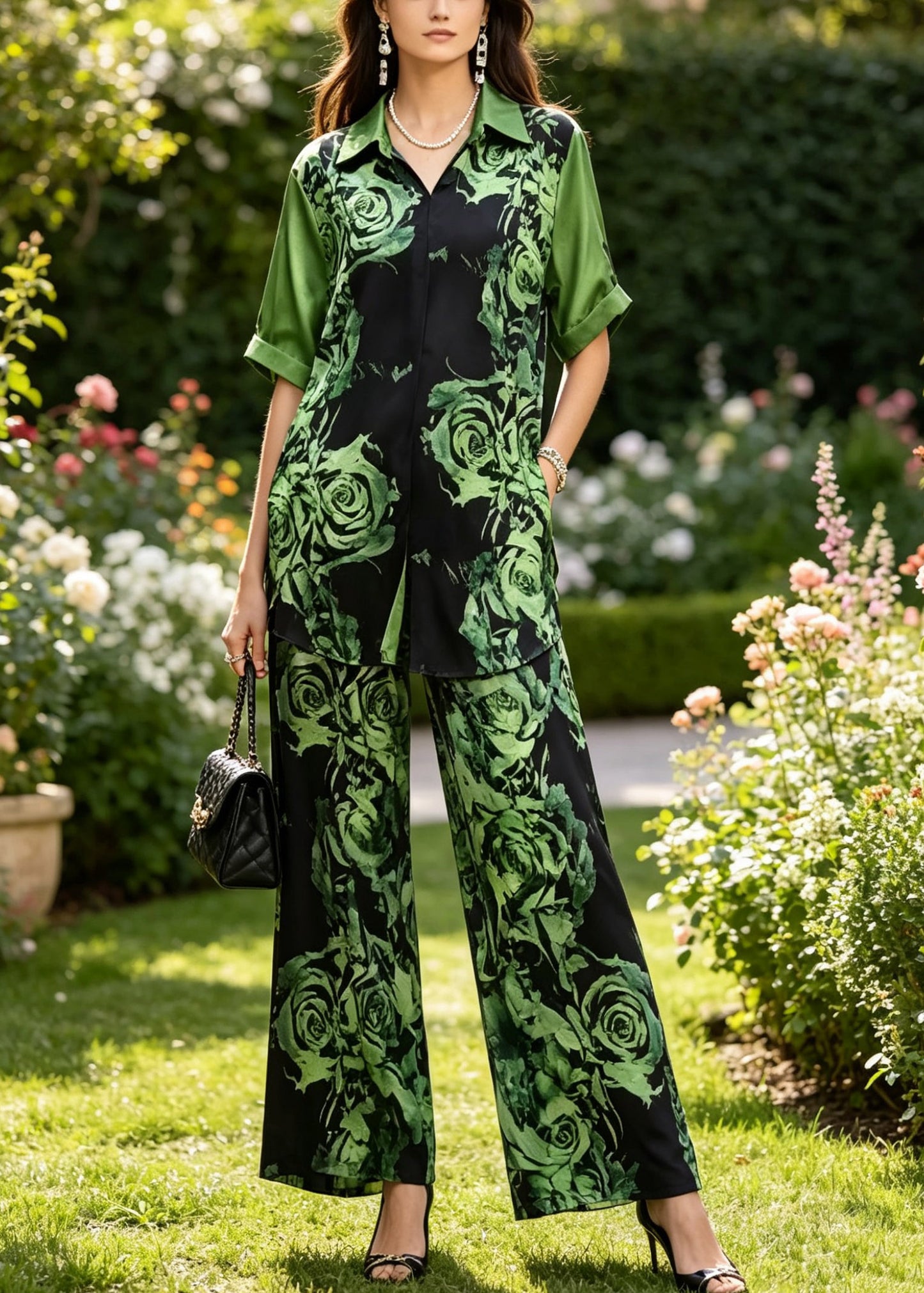 Modern Green Peter Pan Collar Print Silk Shirts And Wide Leg Pants Two Pieces Set Summer
