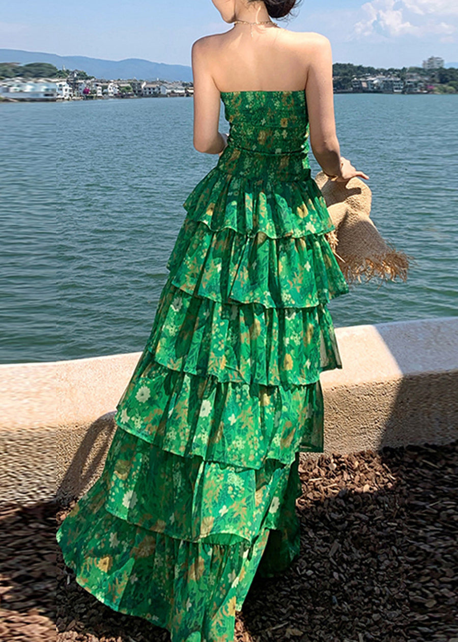 Modern Green Print Flattering Chiffon Long Holiday Dress Sleeveless