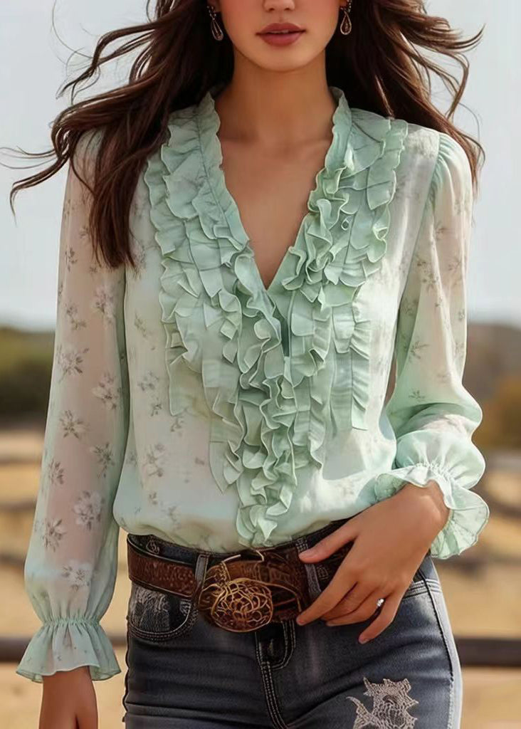 Modern Green Ruffled Print Chiffon Tops Spring