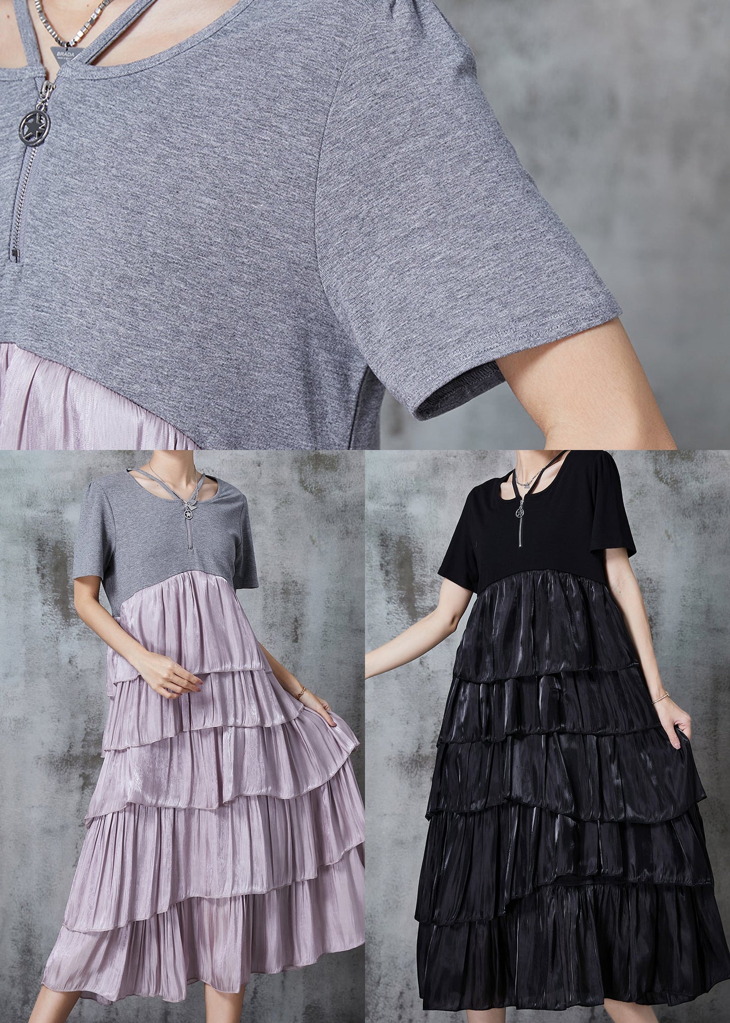 Modern Grey Layered Patchwork Cotton Holiday Dresses Summer