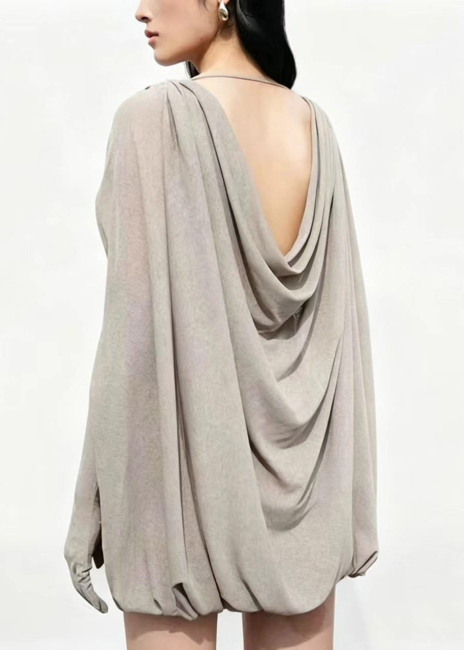 Modern Grey V Neck Wrinkled Mini Dress Summer