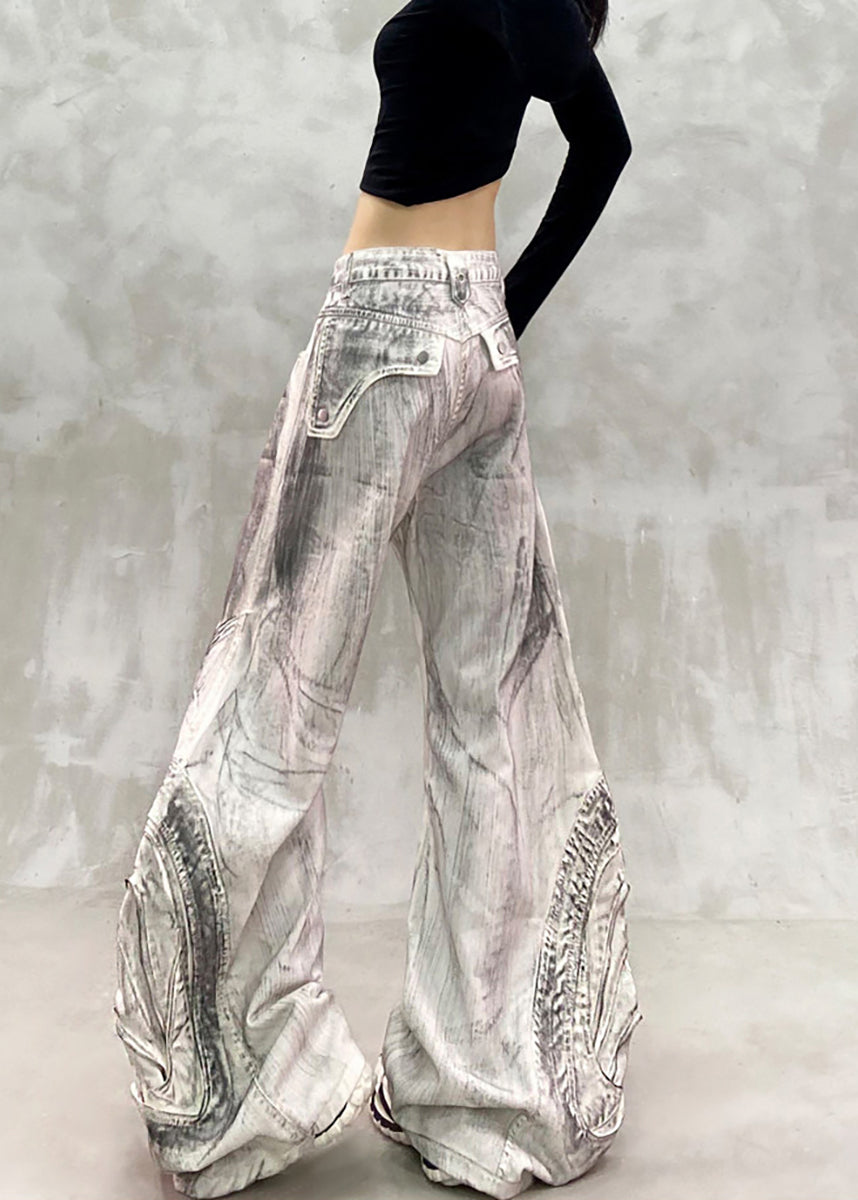 Modern Grey White High Waist Patchwork Denim Wide Leg Pants Fall