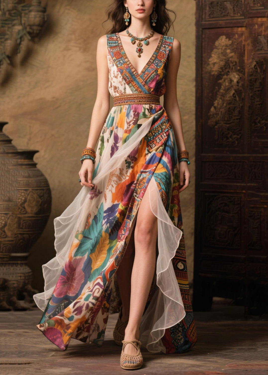 Modern Khaki Print Side Open Chiffon Beach Dresses Summer