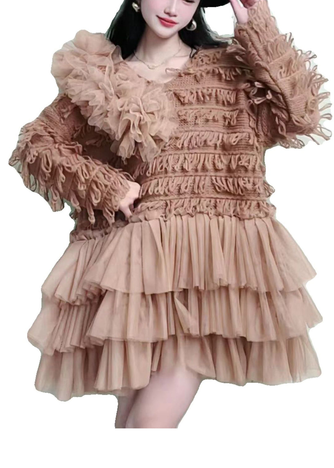 Modern Khaki Tasseled Patchwork Knit Dress Spring