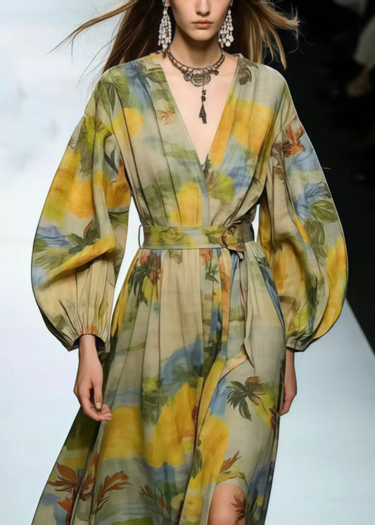 Modern Light Green V Neck Print Cotton Tunic Dress Spring