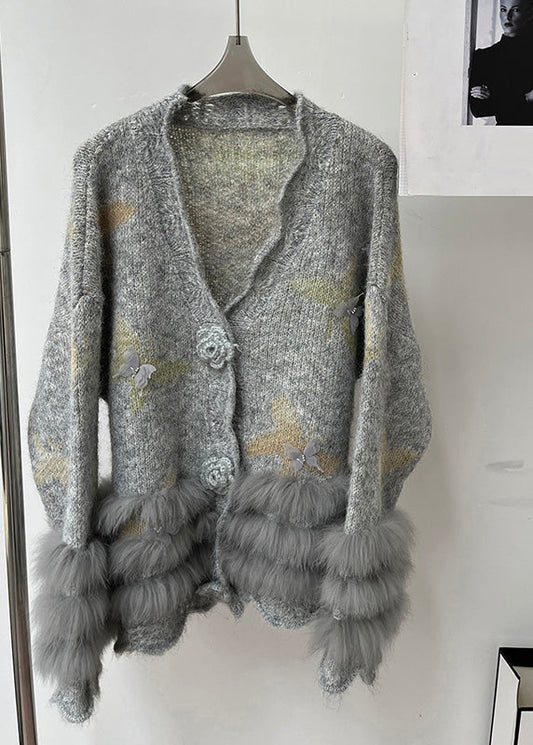 Modern Light Grey V Neck Fur Floral Cotton Knit Cardigans Spring