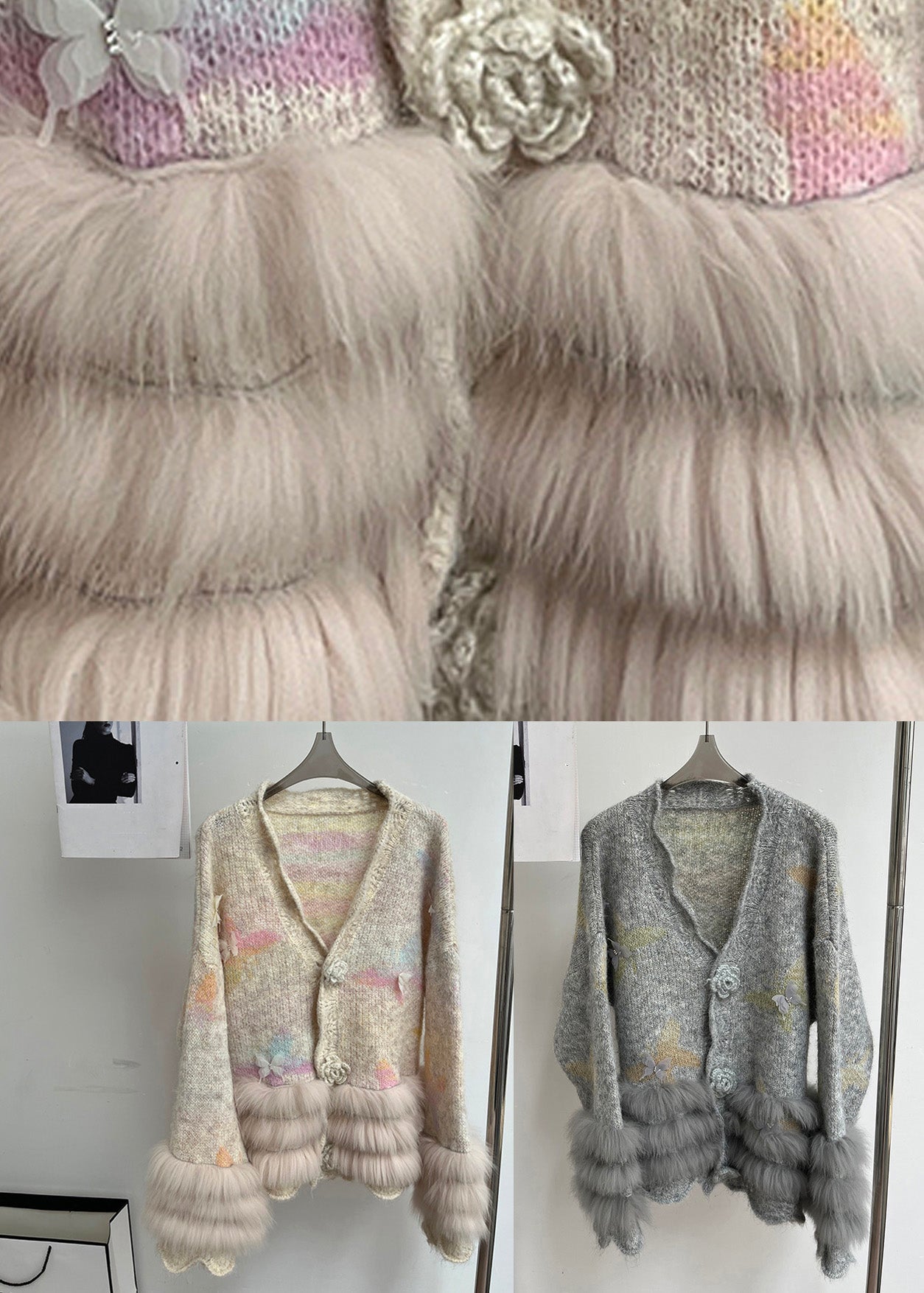 Modern Light Grey V Neck Fur Floral Cotton Knit Cardigans Spring