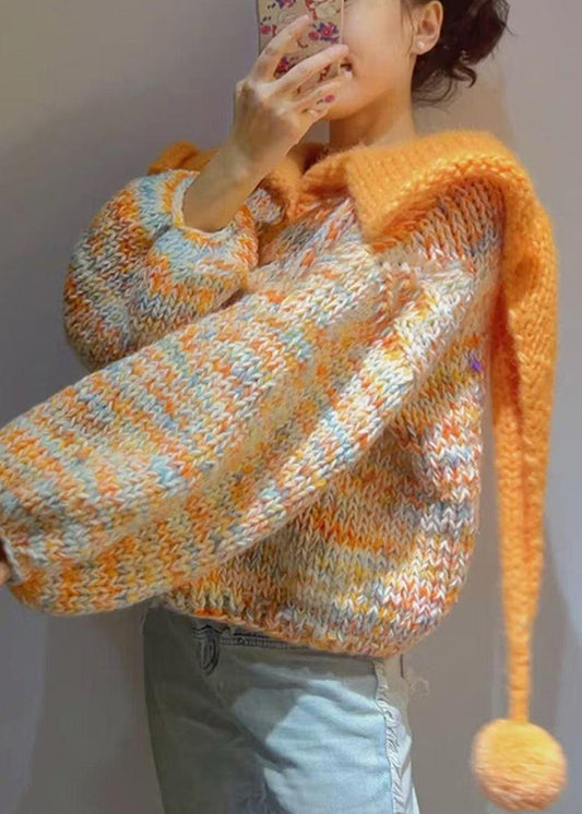 Modern Orange Peter Pan Collar Thick Knitted Tops Winter