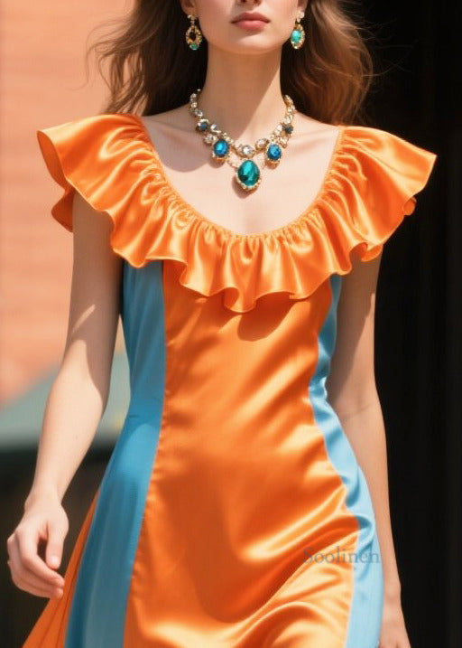 Modern Orange Ruffled Patchwork Hollow Out Silk Dinner Dress Summer
