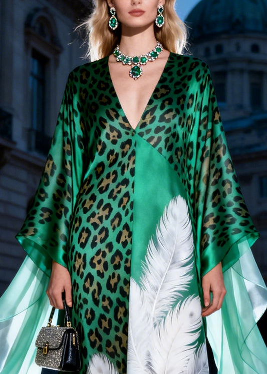 Modern Peacock Green Oversized Print Silk Long Dress Summer