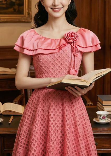 Modern Pink Peter Pan Collar Floral Lace Dresses Summer