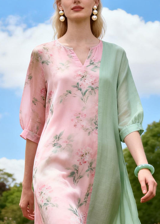 Modern Pink Print Patchwork Cotton Long Dress Summer