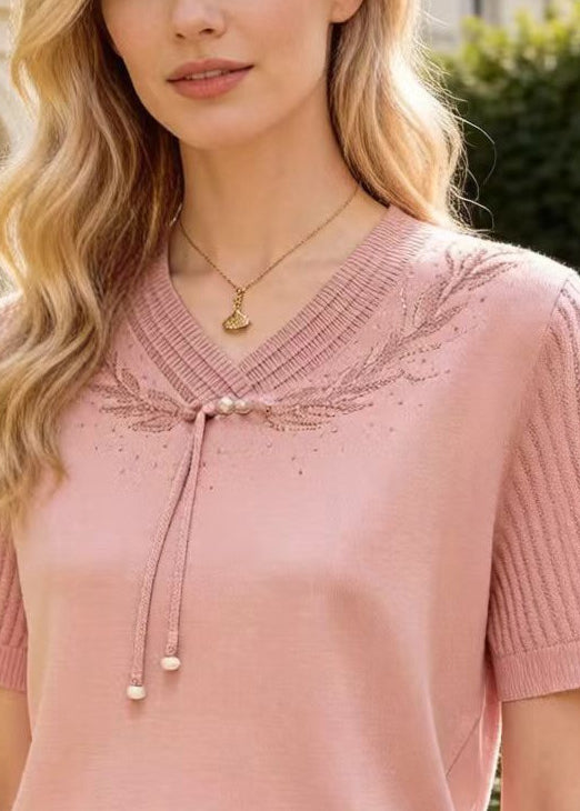 Modern Pink Tasseled Zircon Knit Shirt Top Summer