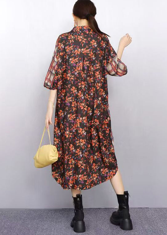 Modern Plaid Flower Patchwork Chiffon Shirt Dress Bracelet Sleeve