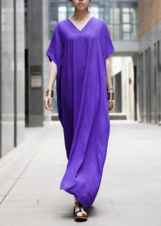 Modern Purple Clothes V Neck Baggy Dresses - SooLinen