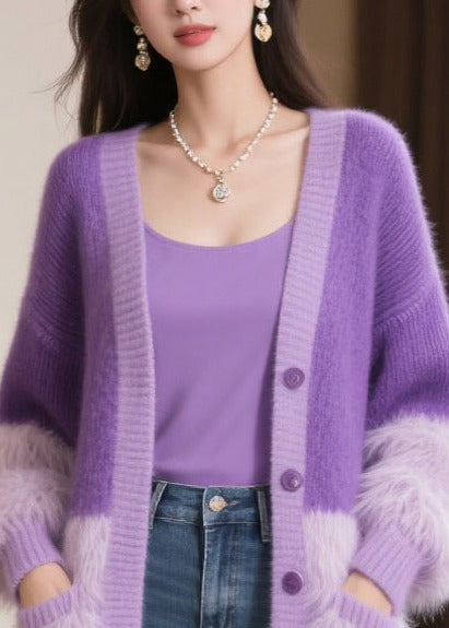 Modern Purple Oversized Patchwork Faux Fur Knit Cardigan Winter