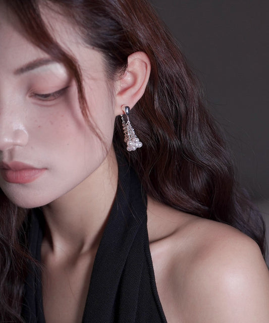 Modern Silk Copper Overgild Pearl Tassel Hoop Earrings