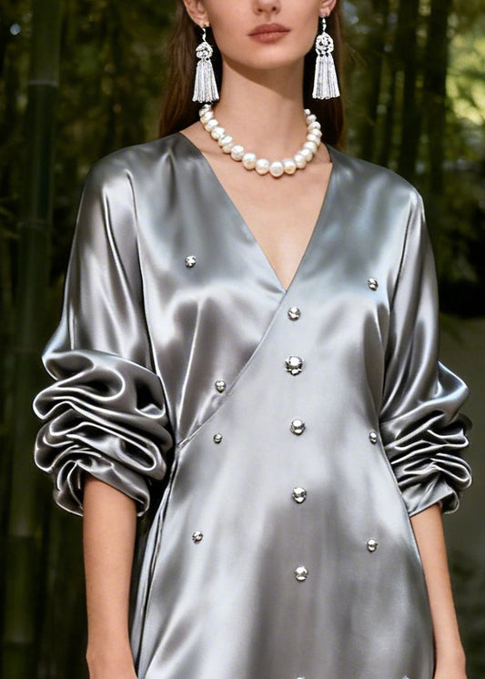 Modern Silvery Nail Bead Draping Silk Long Dress Summer