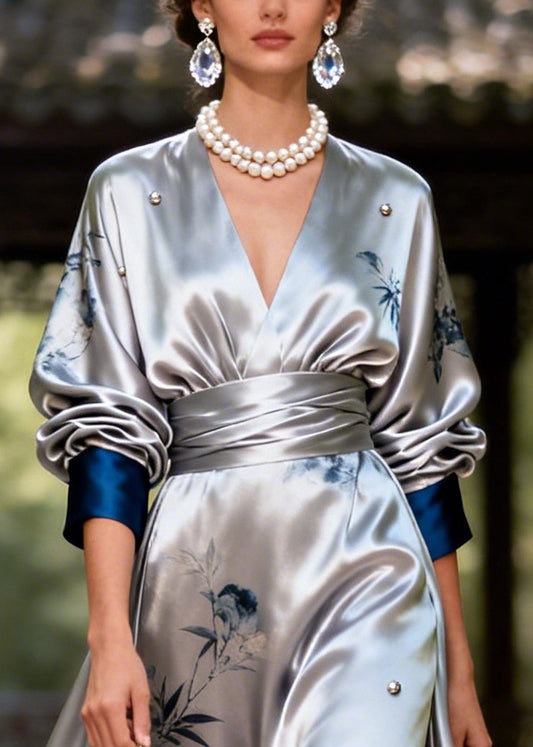 Modern Silvery Print Exra Large Hem Nail Bead Silk Party Dress Fall