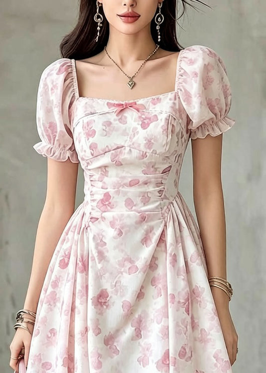 Modern Square Collar Print Wrinkled Mid Dresses Puff Sleeve