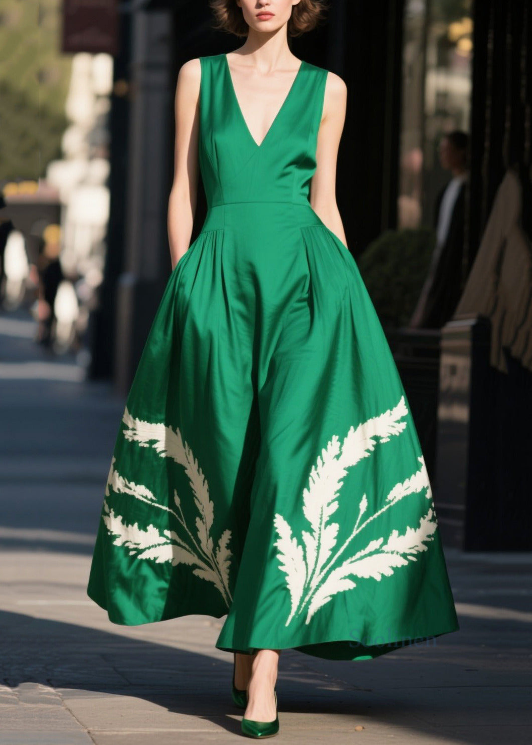 Modern Tea Green Print Cotton Party Dress Summer