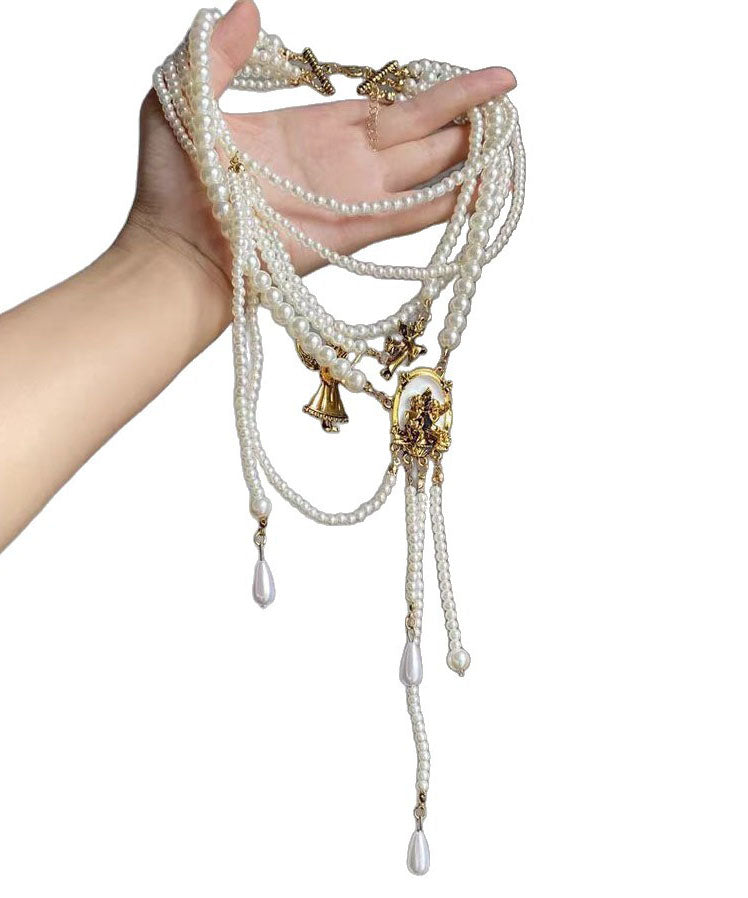 Modern White Alloy Layered Pearl Water Droplet Tassel Gratuated Bead Necklace