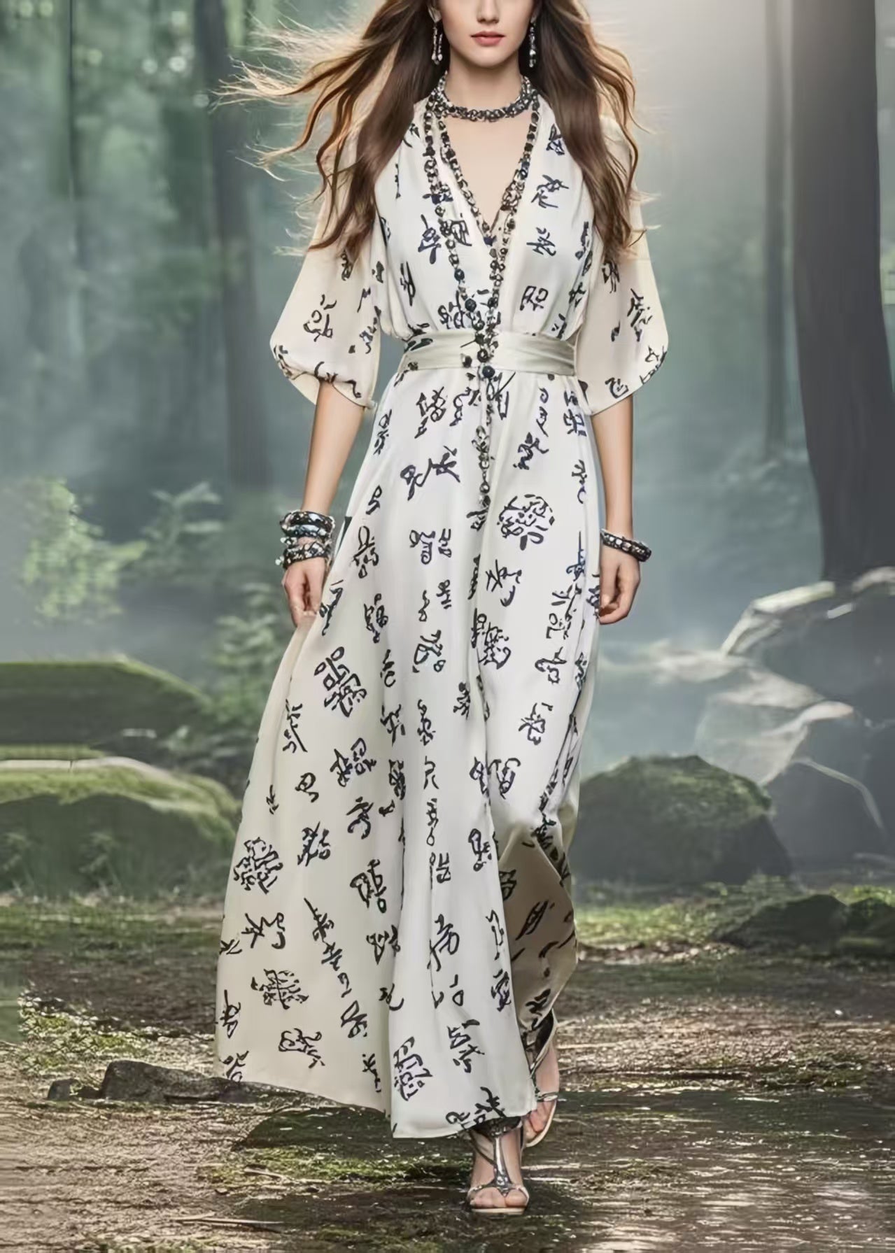 Modern White Cinched Print Chiffon Long Dress Summer