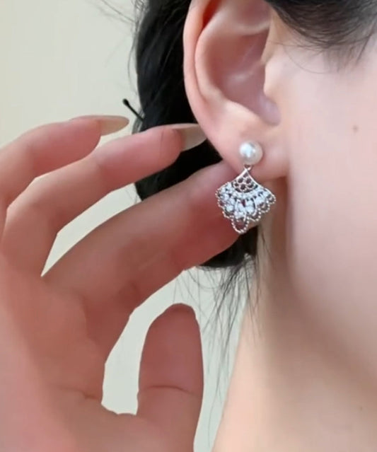 Modern White Copper Overgild Pearl Zircon Sector Drop Earrings