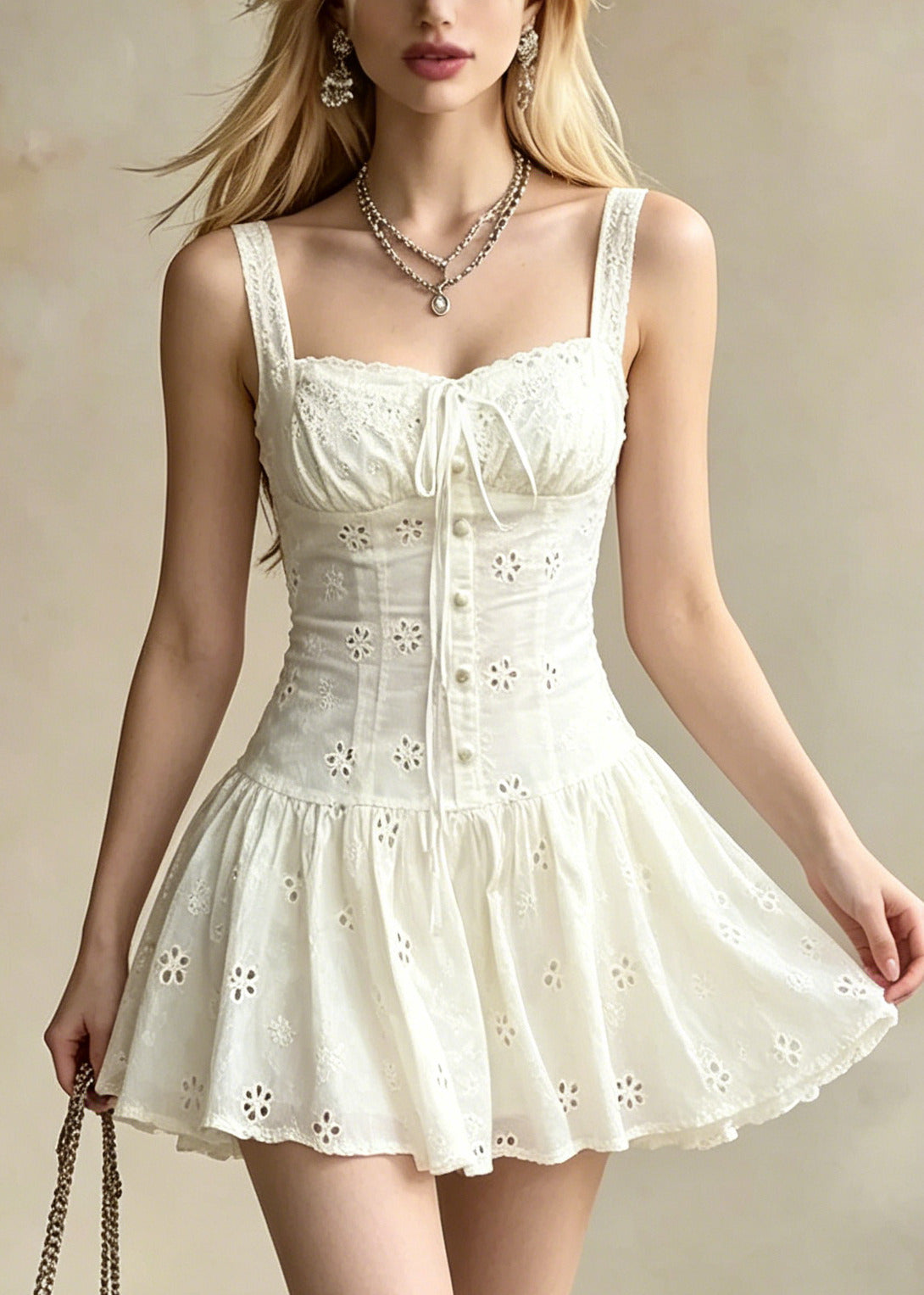 Modern White Embroidered Floral Cotton Vacation Dress Summer