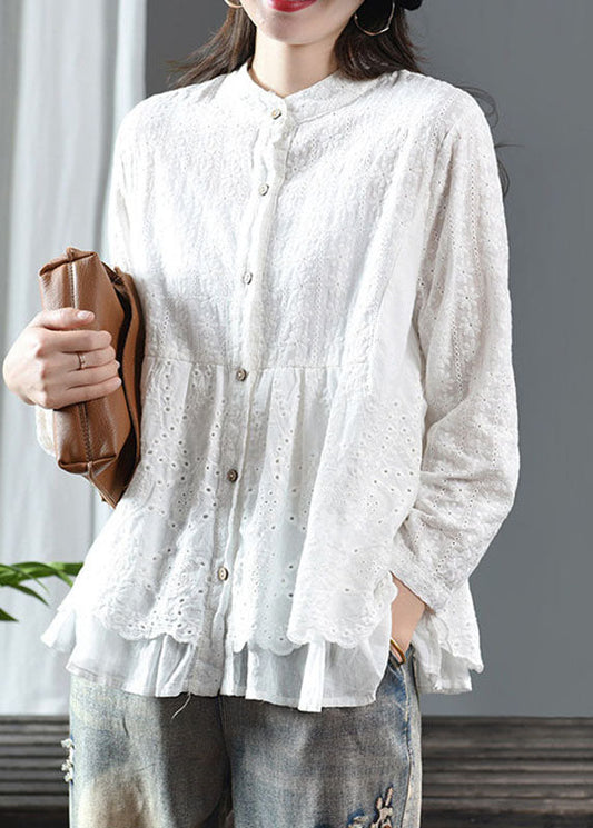 Modern White Hollow Out Solid Shirts Fall