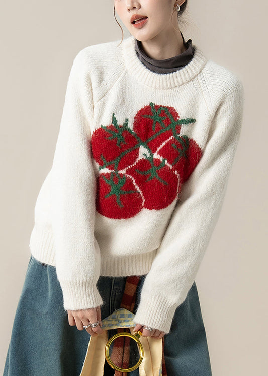 Modern White Oversized Tomato Print Knit Short Sweater Winter