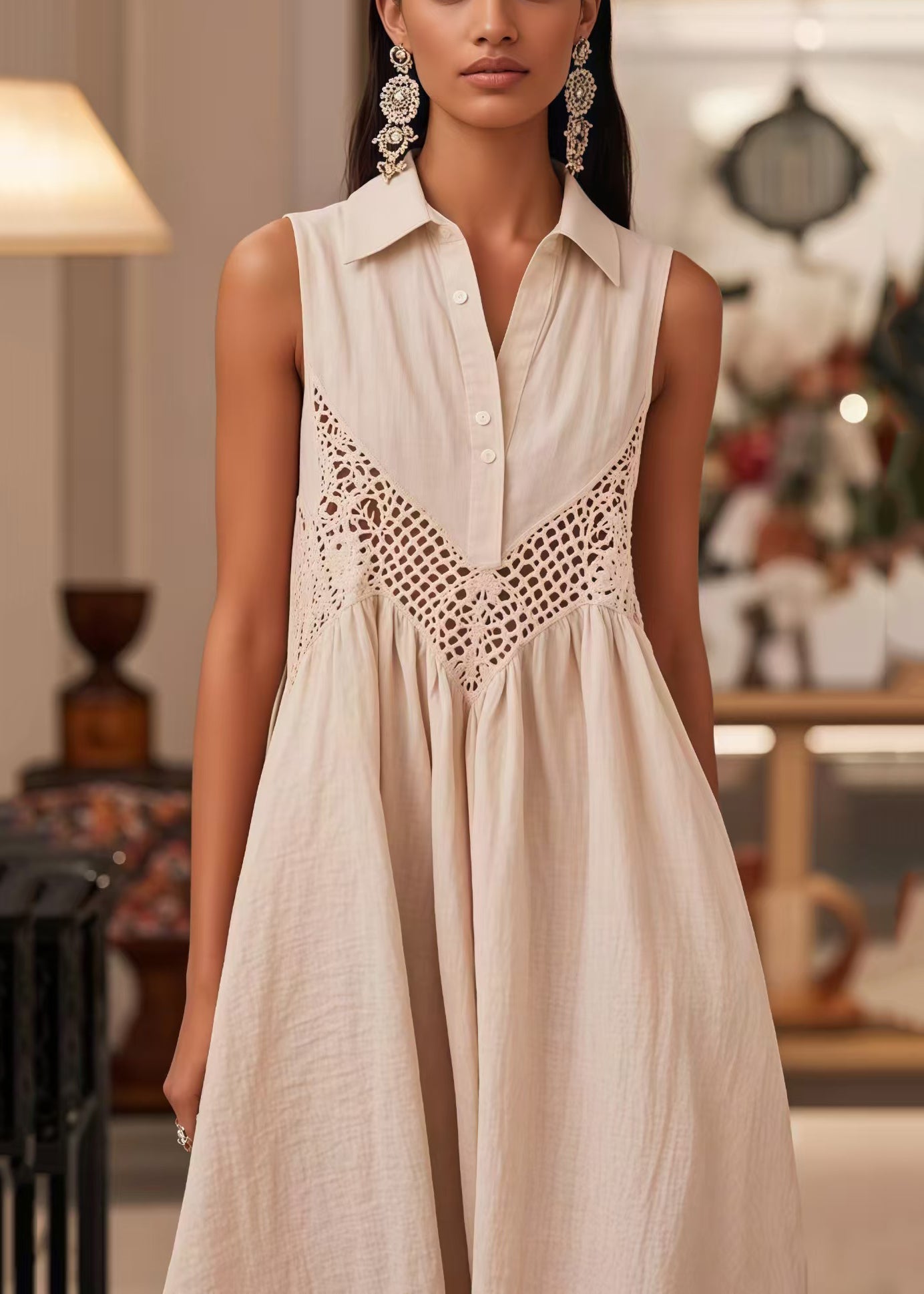 Modern White Peter Pan Collar Patchwork Lace Dresses Sleeveless