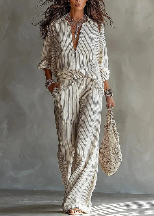 Modern White Peter Pan Collar Striped Shirts And Pants Two Pieces Set Long Sleeve