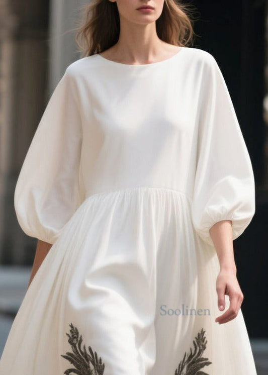 Modern White Print Exra Large Hem Chiffon Dresses Bracelet Sleeve