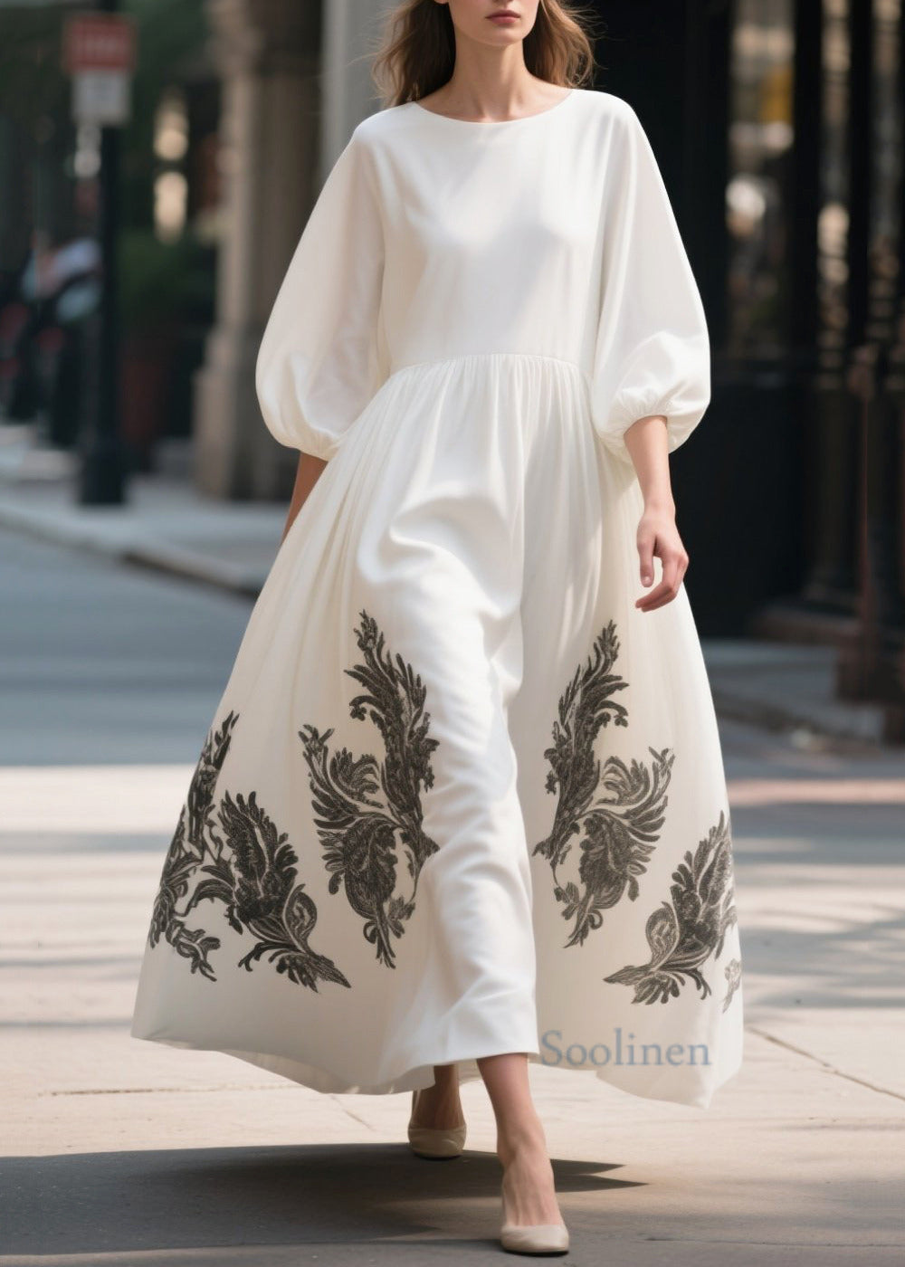 Modern White Print Exra Large Hem Chiffon Dresses Bracelet Sleeve