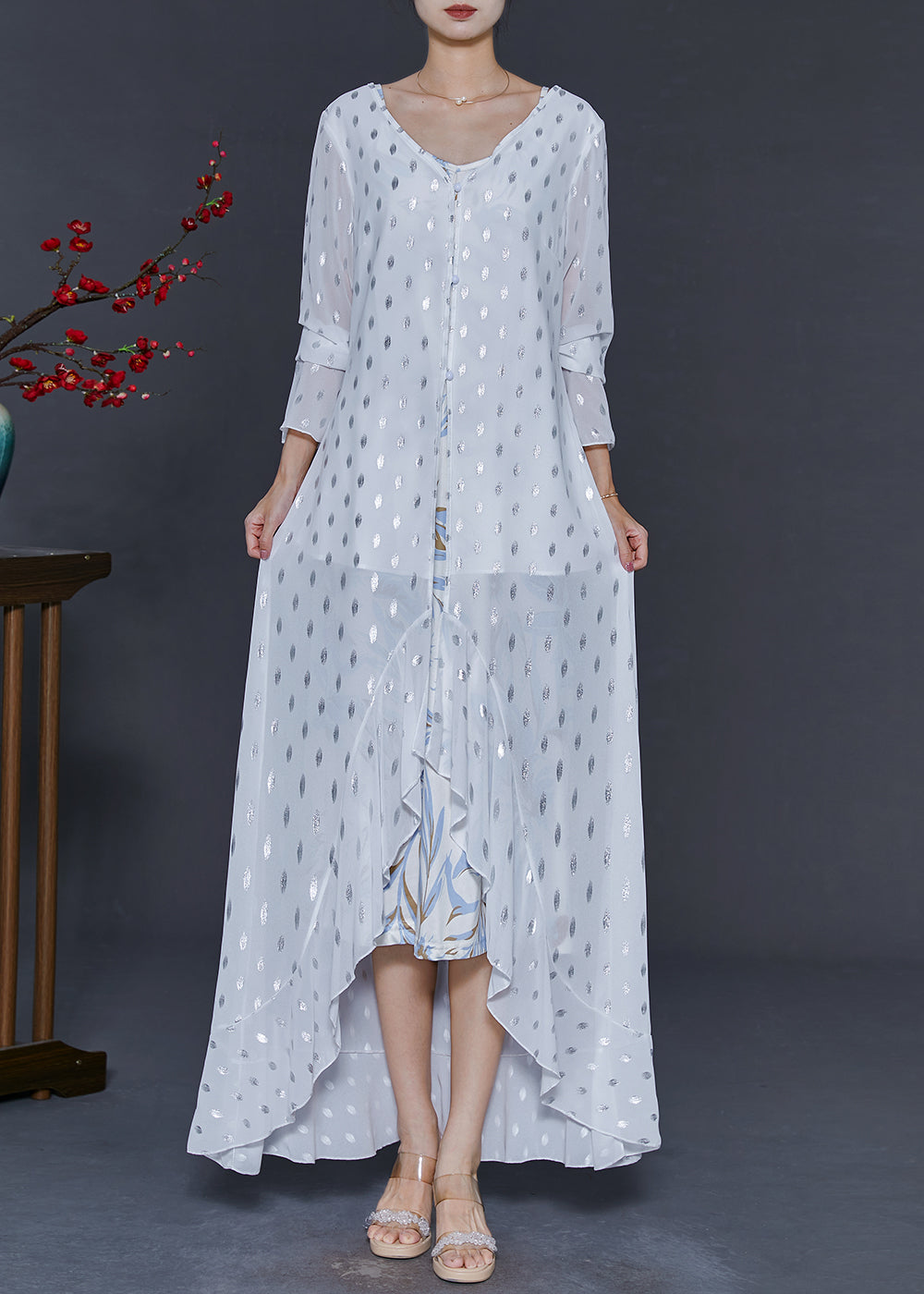 Modern White Sequins Ruffles Chiffon Long Dresses Spring