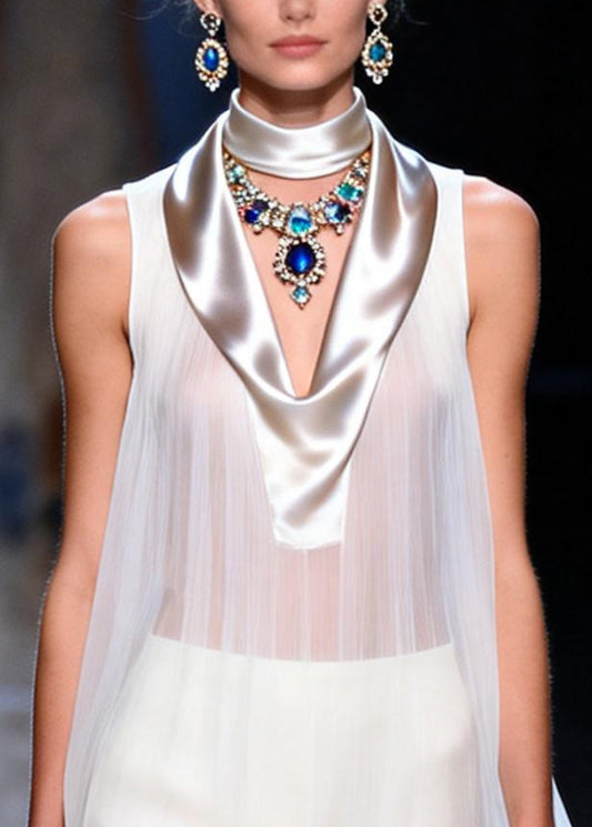 Modern White Sheer Draping Chiffon Mini Dress Sleeveless