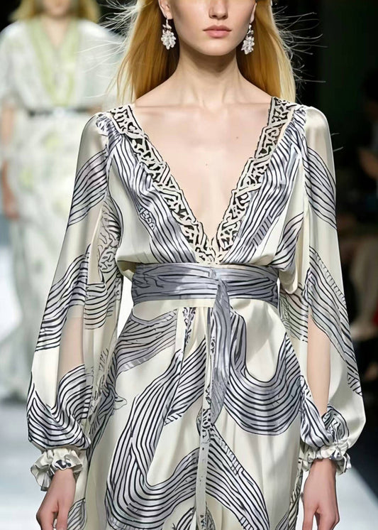 Modern White V Neck Print Silk Holiday Dress Spring