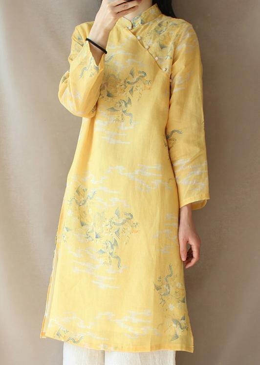 Modern Yellow Dragon Pattern Clothes V Neck Side Open Baggy Dress - SooLinen