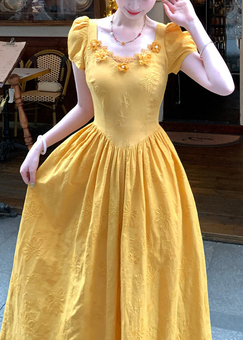 Modern Yellow Embroidered Floral Patchwork Maxi Dress Puff Sleeve