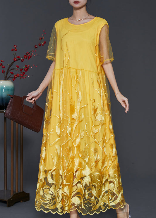 Modern Yellow Embroidered Hollow Out Tulle Dresses Summer