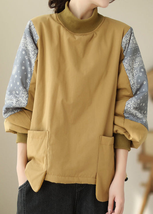 Modern Yellow Hign Neck Pockets Patchwork Fine Cotton Filled Top Winter