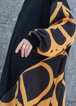 Modern black patchwork cotton Long Shirts ruffles hem cotton robes winter Dresses - SooLinen