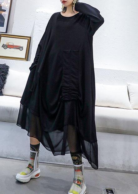 Modern black patchwork cotton tunic top Cinched cotton robes fall Dresses - SooLinen