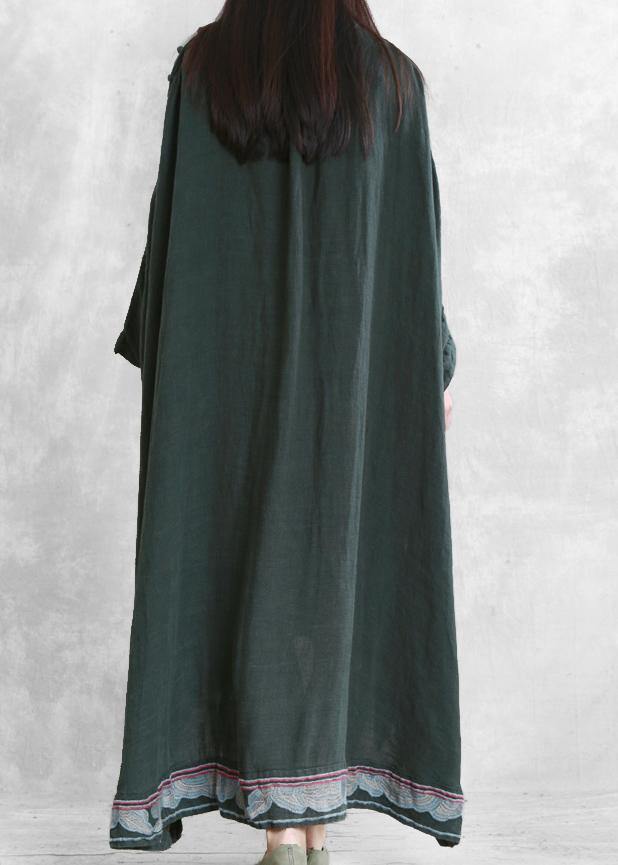 Modern blackish green linen Long Shirts o neck embroidery Robe Dresses - SooLinen