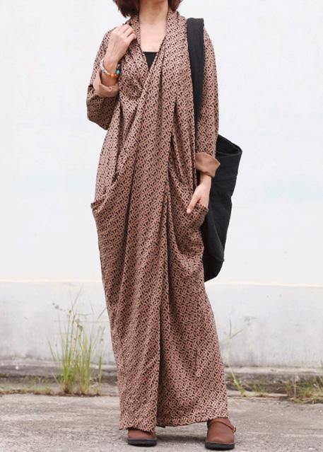 Modern chocolate print dresses asymmetric v neck Plus Size Dress - SooLinen