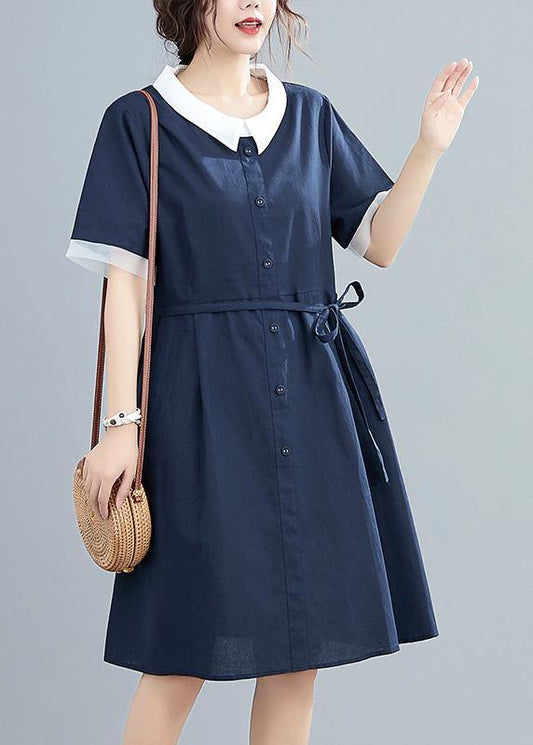 Modern lapel tie waist summer clothes For Women Neckline navy Dresses - SooLinen